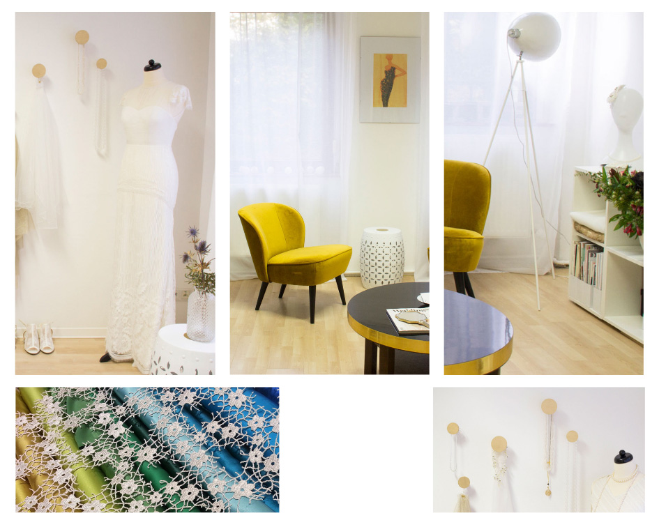 Zauberbraut Berlin Studio, Inneansichten, Brautkleid an Puppe, Detailbild Stoffe, Detailbild Tisch und Sessel