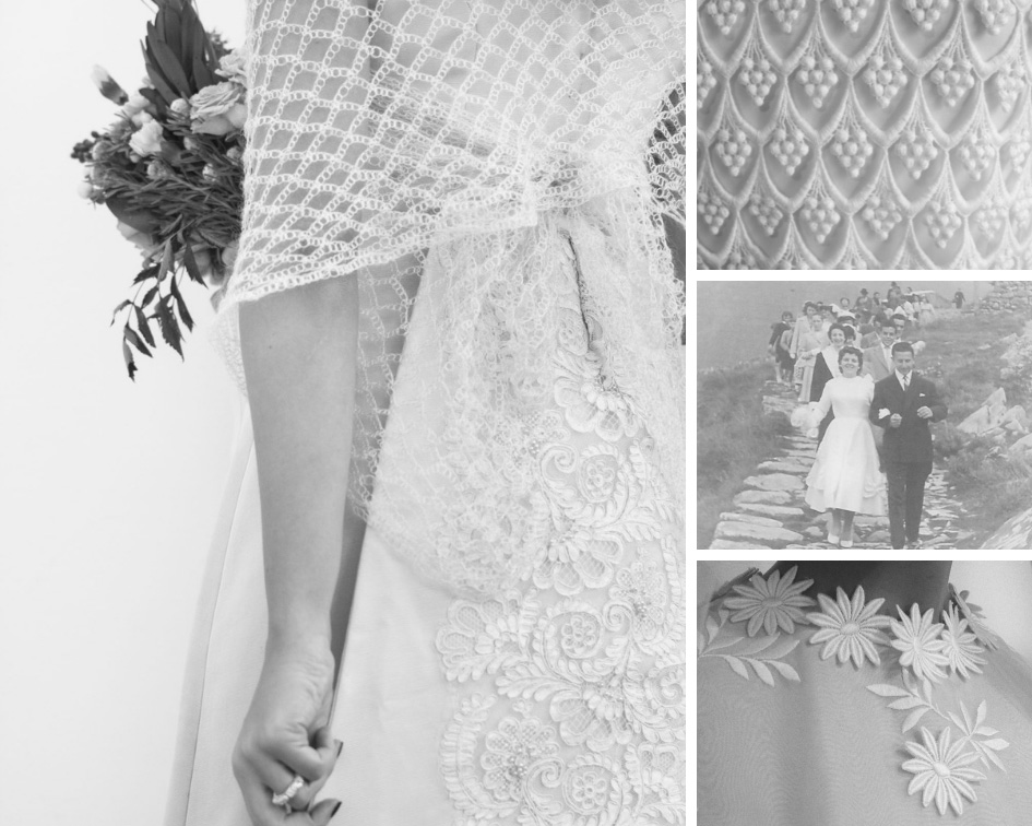 Collage aus Vintage Brautkleid Details, Schwarz-Weiß Fotos, Rückenansicht Braut mit bestickter Schleppe und Mohair Stola